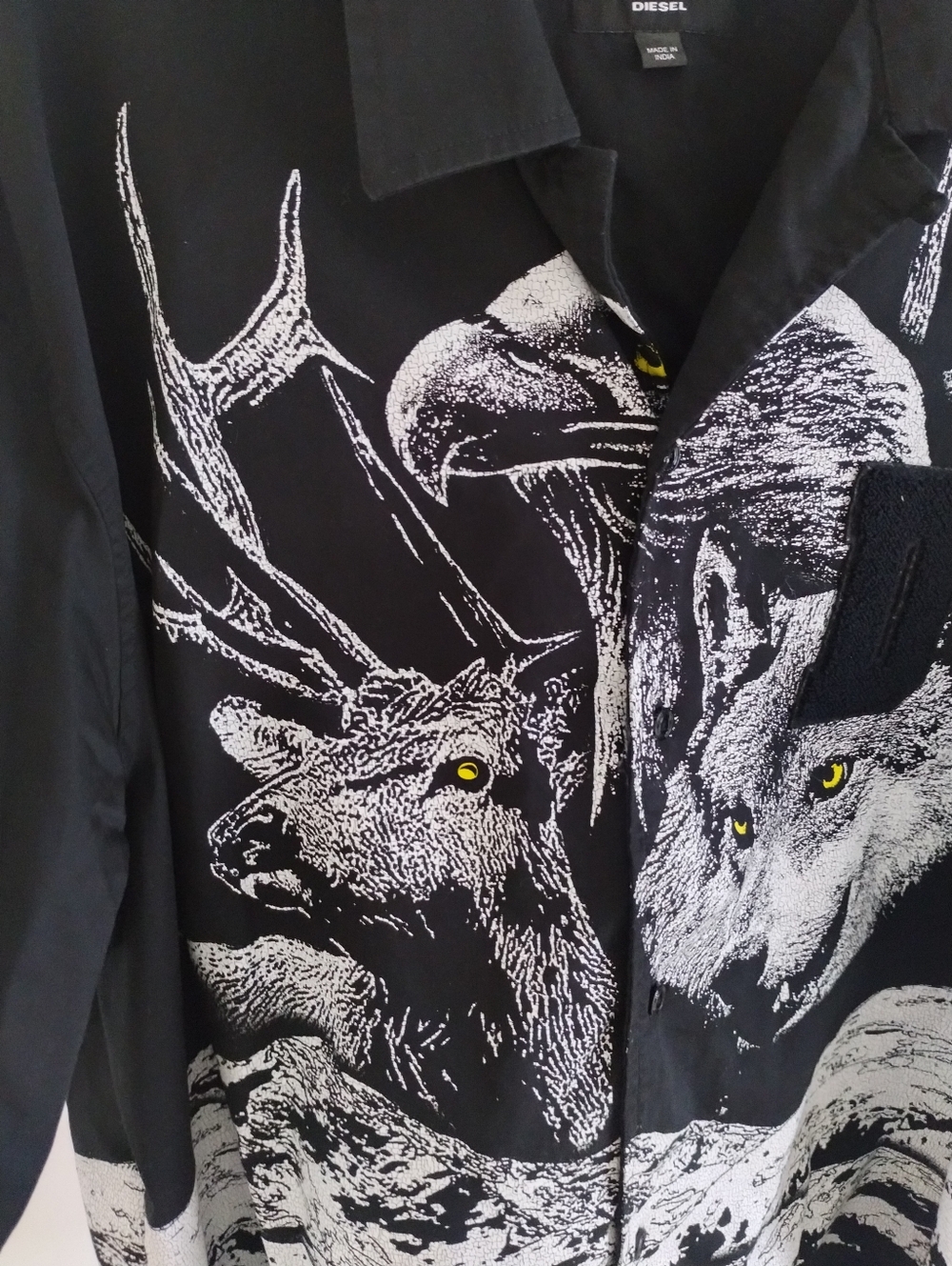 Diesel Button Up Shirt Mens Size XXL “Only The Brave Wolf Mountain” Black Rare - Picture 2 of 10